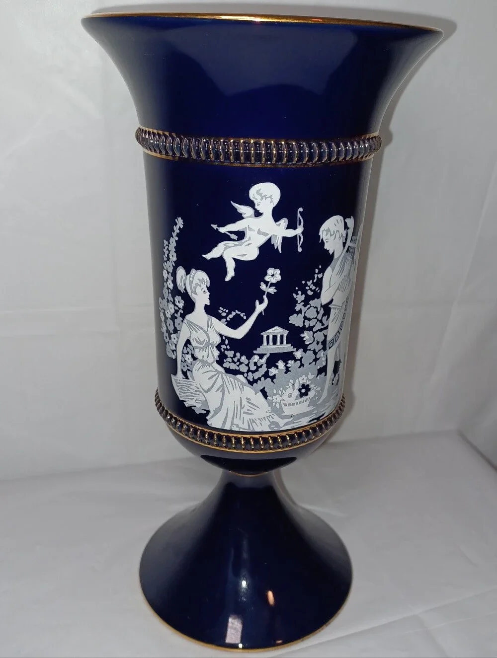 Vintage Hand Made Florentine Italy Blue Classical Vase with White Cameo Motif